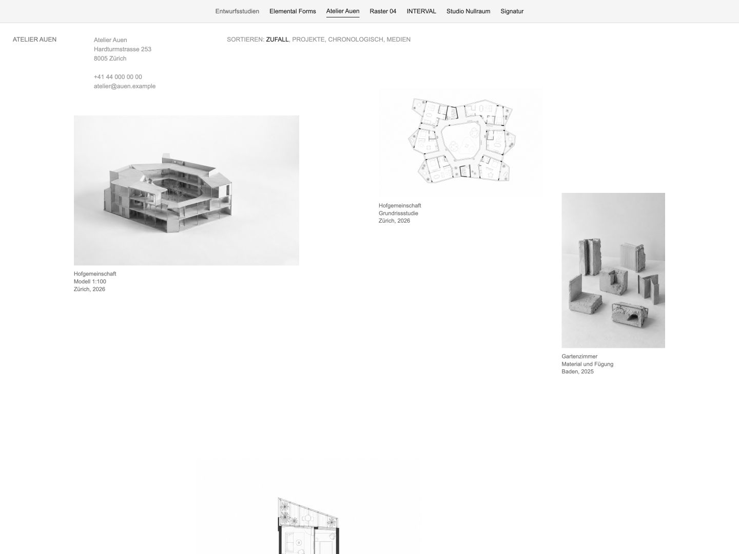 Atelier Auen: Hofmodell, Grundrissstudie und Materialproben im Arbeitsarchiv