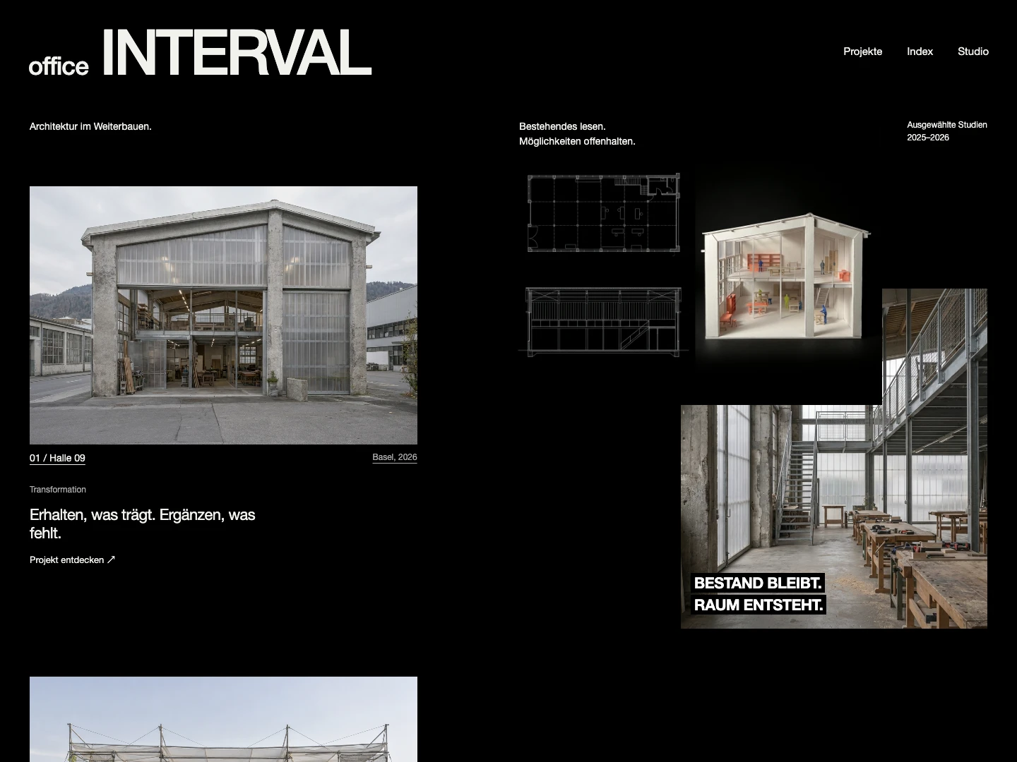 office INTERVAL: Halle 09 mit ausgeklappter Außenansicht, Plan- und Modellstudie sowie Innenraum